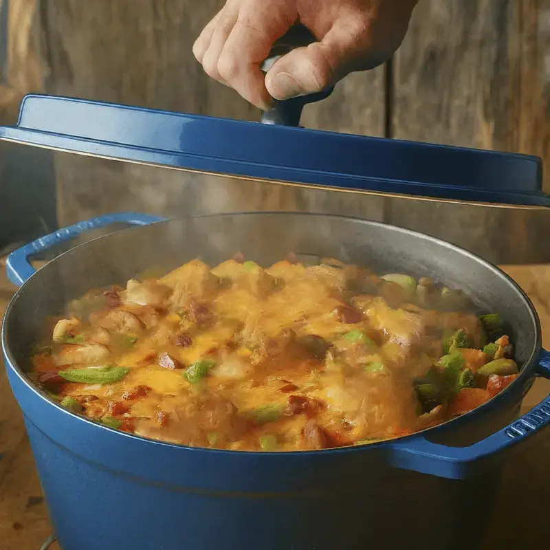 Cooking time and temperature instructions for Dutch Oven Breakfast Casserole with Biscuits
